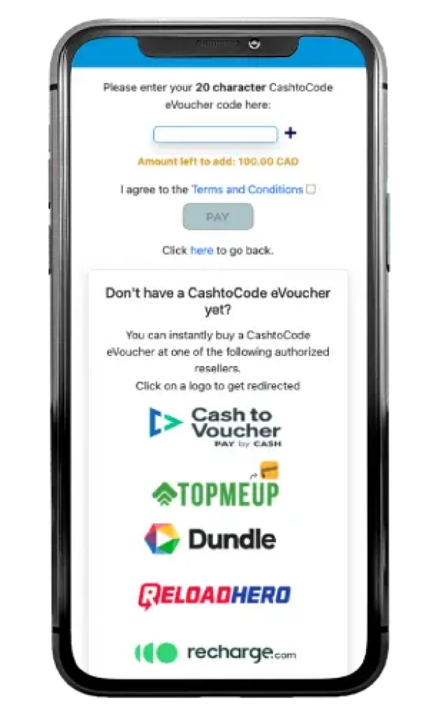 CashtoCode eVoucher step 2 deposit on Nine Casino